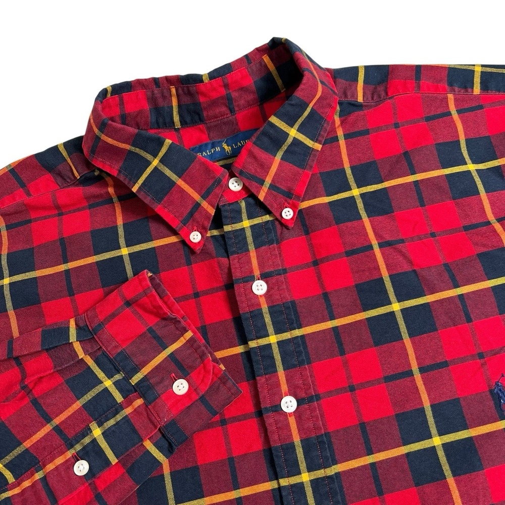 Ralph Lauren Mens 3XB Red Black Plaid Long Sleeve Button‎ Down Thick Shirt